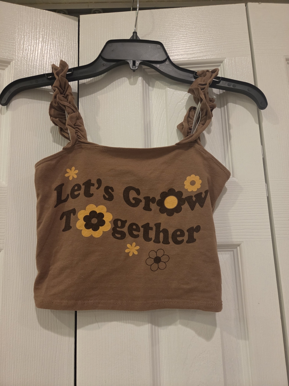Brown Womens Ruffle-Strap Crop Top - Let's Grow Together Size XS